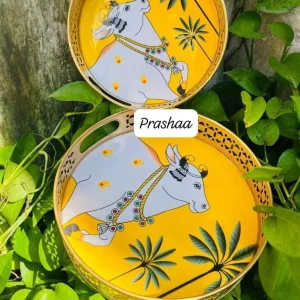Round Pichwai Tray with Yellow and Cow Design Round Pichwai Tray with Yellow and Cow Design
