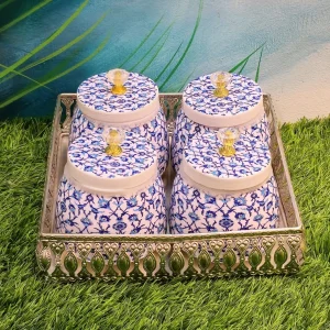 Set of two German Silver Trays with Four Blue Floral Pichwai Jars Set of two German Silver Trays with Four Blue Floral Pichwai Jars