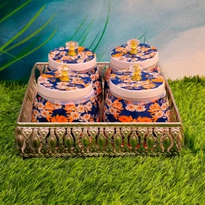 Set of two German Silver Trays with Four Dark Blue Floral Pichwai Jars Set of two German Silver Trays with Four Dark Blue Floral Pichwai Jars