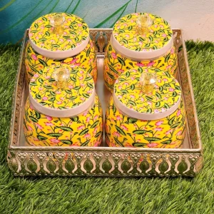 Set of two German Silver Trays with Four Light Yellow Floral Pichwai Jars Set of two German Silver Trays with Four Light Yellow Floral Pichwai Jars
