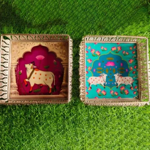 Square German Silver Coated Pichwai Trays with Cow and Floral Design Square German Silver Coated Pichwai Trays with Cow and Floral Design