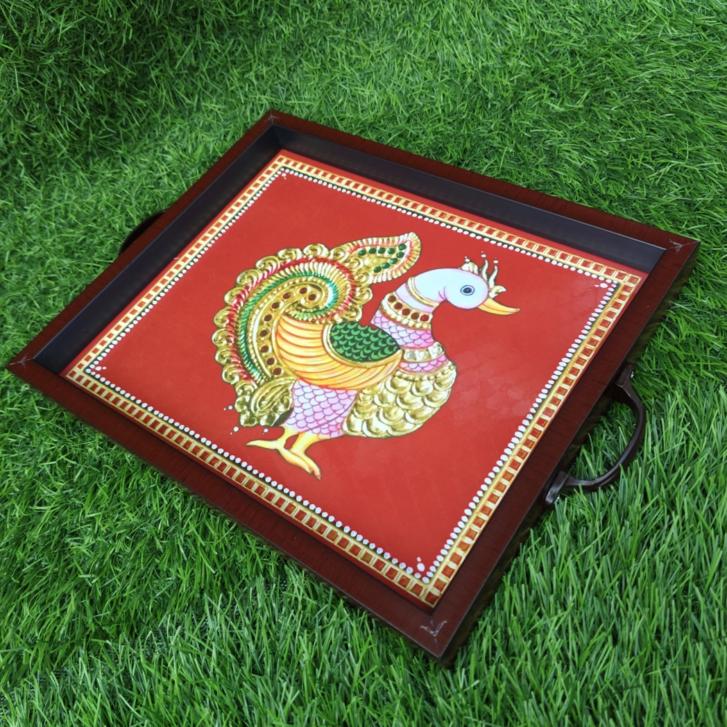 Tanjore Printed Wooden Thamboolam trays with Handle Tanjore Printed Wooden Thamboolam trays with Handle
