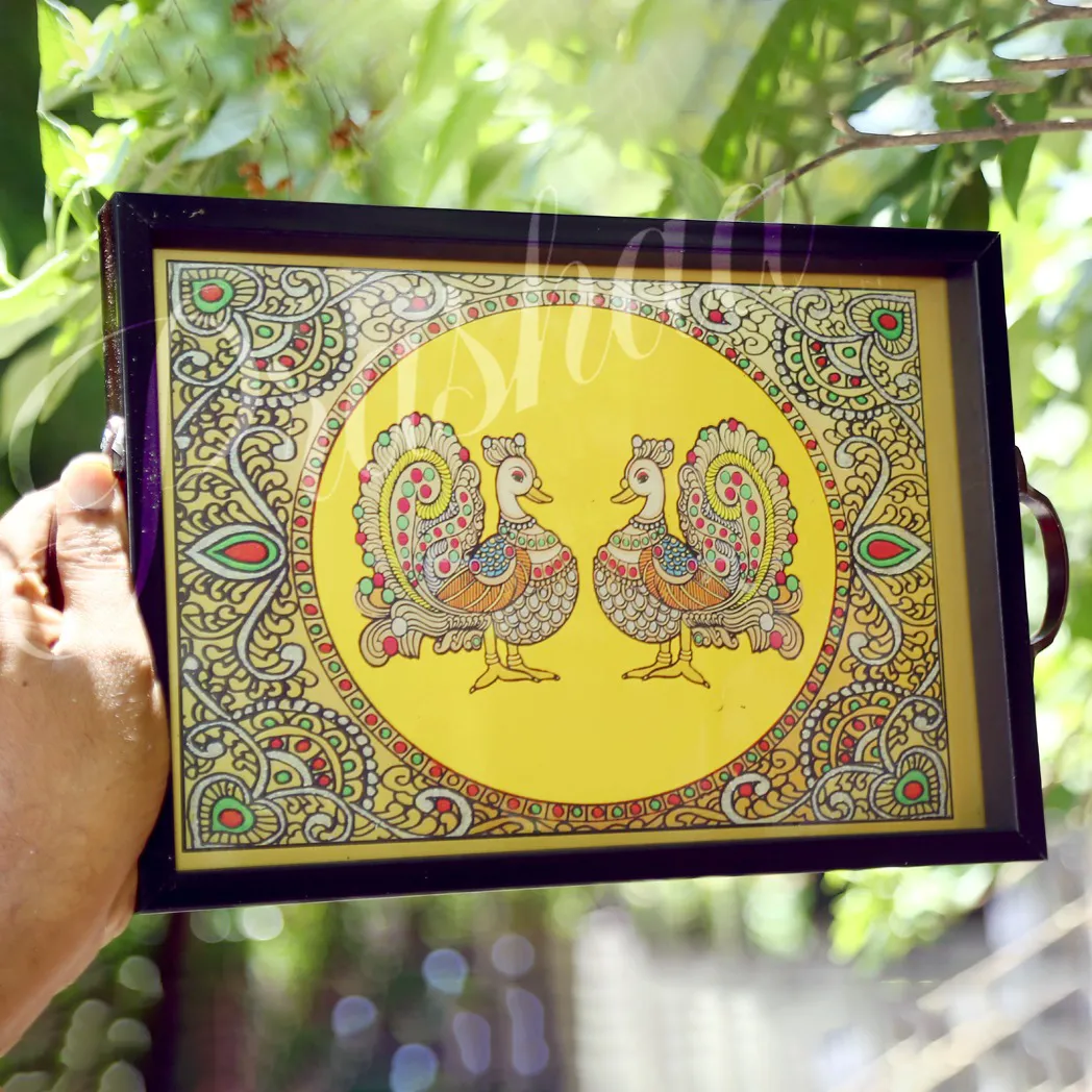 Twin Yellow Peacock Thamboolam Trays with Handles Twin Yellow Peacock Thamboolam Trays with Handles