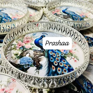 White German Silver Pichwai Trays with Peacock and Flower Design - Round White German Silver Pichwai Trays with Peacock and Flower Design - Round
