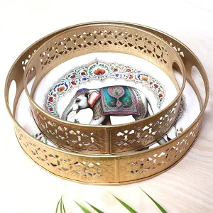 White Round Pichwai Tray with Elephant Design White Round Pichwai Tray with Elephant Design
