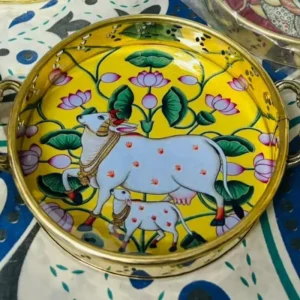 Yellow Cow and Flower Pichwai Brass Tray Yellow Cow and Flower Pichwai Brass Tray