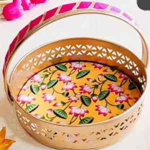 Yellow Floral Pichwai Round Tray with Handle Yellow Floral Pichwai Round Tray with Handle