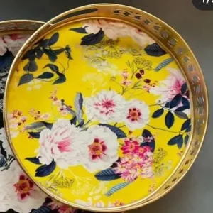 Yellow Floral Pichwai Round Tray Yellow Floral Pichwai Round Tray