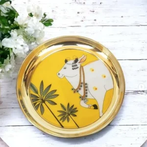 Yellow Pichwai with Cow & Tree Round Plates Yellow Pichwai with Cow & Tree Round Plates