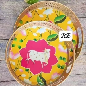 Yellow and Pink Pichwai Round Tray Yellow and Pink Pichwai Round Tray