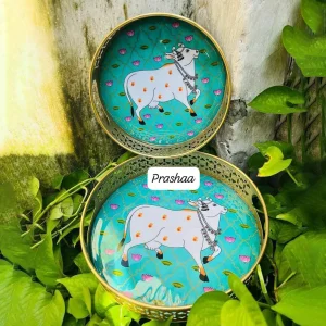 Dark Blue Pichwai Tray with Cow Design Dark Blue Pichwai Tray with Cow Design