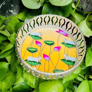 Orange German Silver Pichwai Tray with Lotus and Cow Design Orange German Silver Pichwai Tray with Lotus and Cow Design