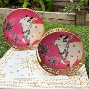 Pink Round Pichwai Tray with Cow and Tree Design Pink Round Pichwai Tray with Cow and Tree Design