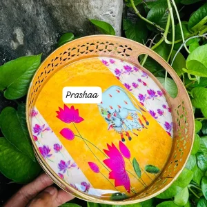 Round Pichwai Tray with Cow and Flower Design Round Pichwai Tray with Cow and Flower Design