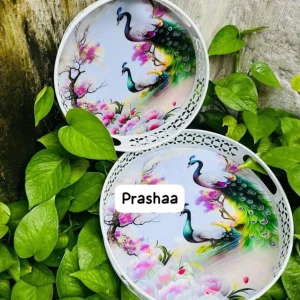 Round Pichwai Tray with Multi Color and Peacock Design Round Pichwai Tray with Multi Color and Peacock Design
