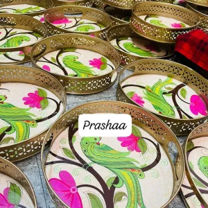 Round Pichwai Tray with Peacock Design Round Pichwai Tray with Peacock Design