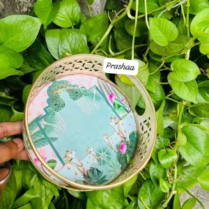Round Pichwai Tray with Sky Blue Color Round Pichwai Tray with Sky Blue Color