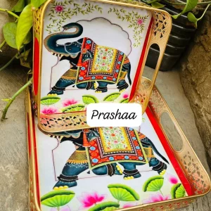 Square Pichwai Tray with Elephant Square Pichwai Tray with Elephant