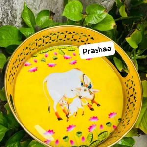 Yellow Round Pichwai Tray With Cow Design Yellow Round Pichwai Tray With Cow Design